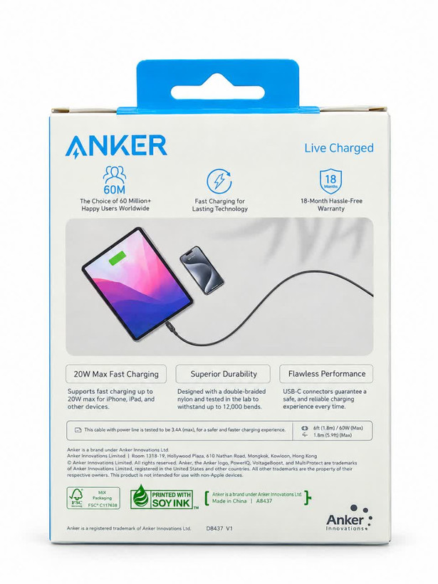 کابل شارژ سریع انکر مدل A8752 (USB-C به Lightning)